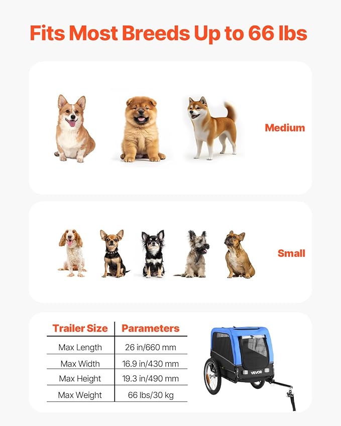 VEVOR Dog Bike Trailer, Supports up to 66 lbs, Pet Cart Bicycle Carrier for Small & Medium Dogs, Easy Folding Frame with Quick Release Wheel, Universal Bicycle Coupler, Reflector, Flag, Internal Leash