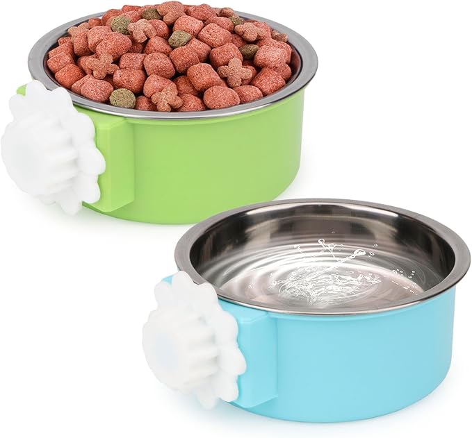 Crate Dog Bowl,Removable Stainless Steel Kennel Water Hanging Food & Water Feeder Crate Water Bowl No Spill for Puppy,Cat,Rabbit,Guinea Pig (Blue+Green)