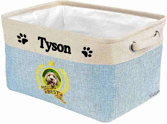 Custom Name Collapsible Dog Toy Storage Basket Bin World's Best Dog Labradoodle Puppy Foldable Pet Toy Box Closet Shelf Baskets Organizer for Bedroom Home Dog Cat with Handles Blue