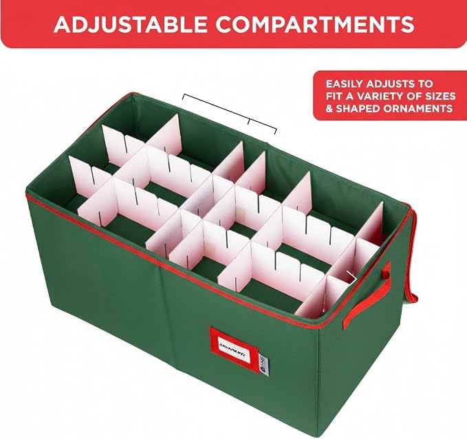 Christmas Ornament Storage Container with Dividers - Box Stores Up to 54 Ornaments, Zippered, Convenient, Adjustable, Large Organizer Bin to Protect Holiday Décor, Fits Most Standard Size, Green