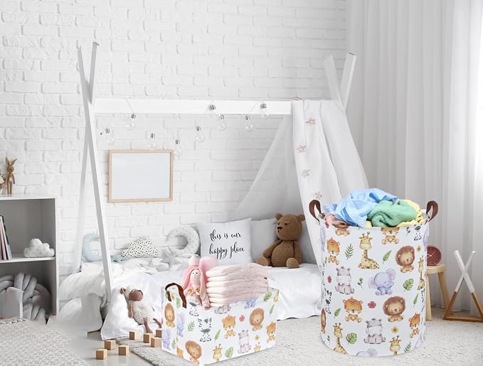 Rectangular Kids Storage Bins,Baby Baskets Organizer.Waterproof PE Coating Cute Basket with Handles.Woodland Nursery Decor,Toys Box,Books Basket, (Cute Animal)