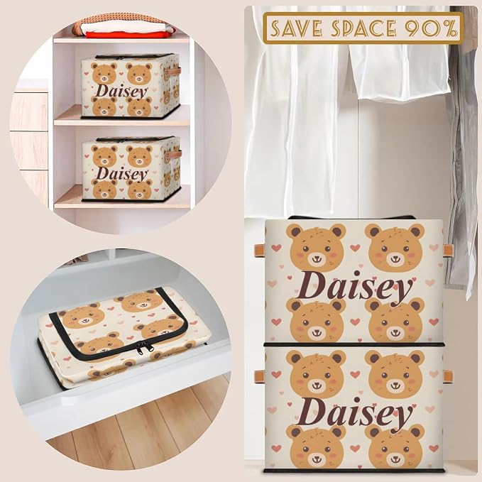 Custom Cute Bear Storage-Bin With Zipper Lid for Kids-Girls-Boys-Baby-Pet,Personalized Name Foldable Storage Box with Handle,Baby Basket With Label for Bedroom Nursery Toy Clothes,Beige