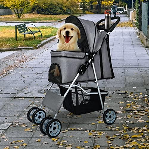 BestPet | 4-Wheel Foldable Pet Stroller | Grey | Lightweight & Portable | Travel Carrier with Mesh Windows, Storage Basket, Cup Holder, Safety Brakes, and Waterproof Fabric | For Small Dogs and Cats