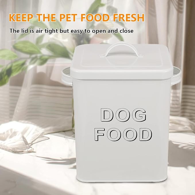 Morezi Metal Dog Food Storage Container Airtight Pet Food Treat Bin 6 lbs | Vintage Durable Canister Dog Treats Tin with Lid& Scoop for Kitchen Countertop, Shelf, Great Gift for Pet Owners(White)