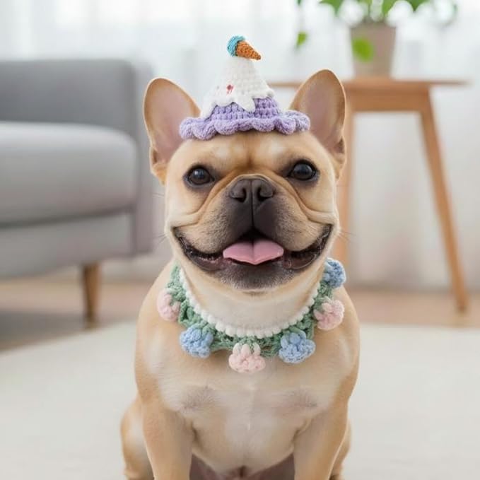 Handmade Knit Cat Birthday Outfit – Adjustable Birthday Dog Hat & Floral Wreath Scarf for Cats and Small to Medium Dogs, Cute Dog Costume for Party, Holiday, Daily Wear & Photos