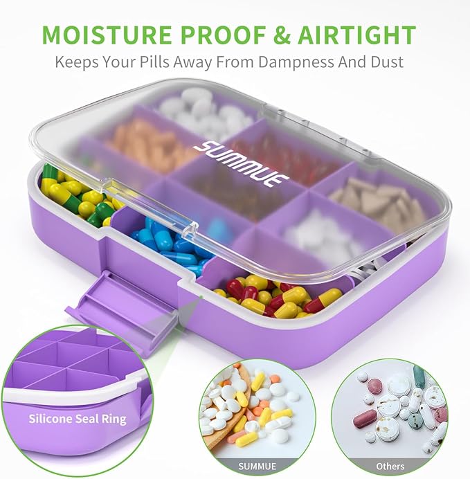 Large Pill Organizer, 9 Compartments Portable Travel Pill Box Case Moisture Proof, XL Pill Container Holder for Vitamins, Cod Liver Oil, Supplements, Medication (Purple)