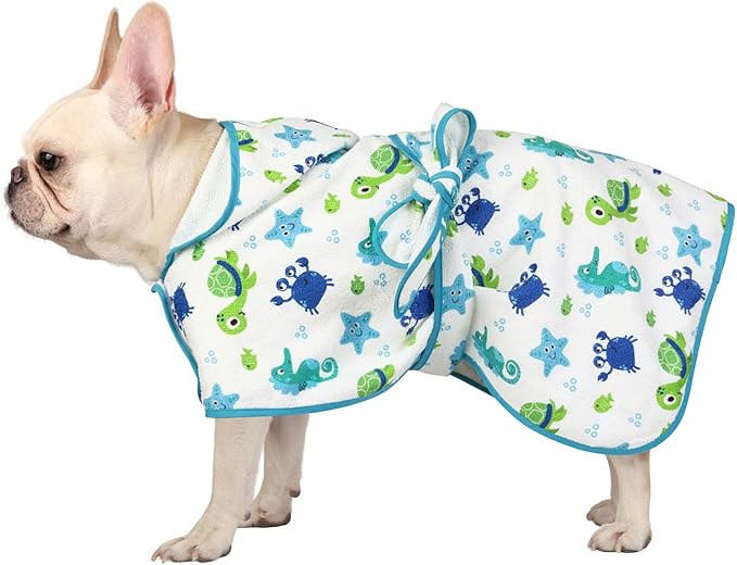 HDE Dog Bathrobe Super Absorbent Quick Drying Puppy Towel Wrap Coat Adjustable After Bath Robes with Hood for Dog Sizes S-XXL Sea Animals M