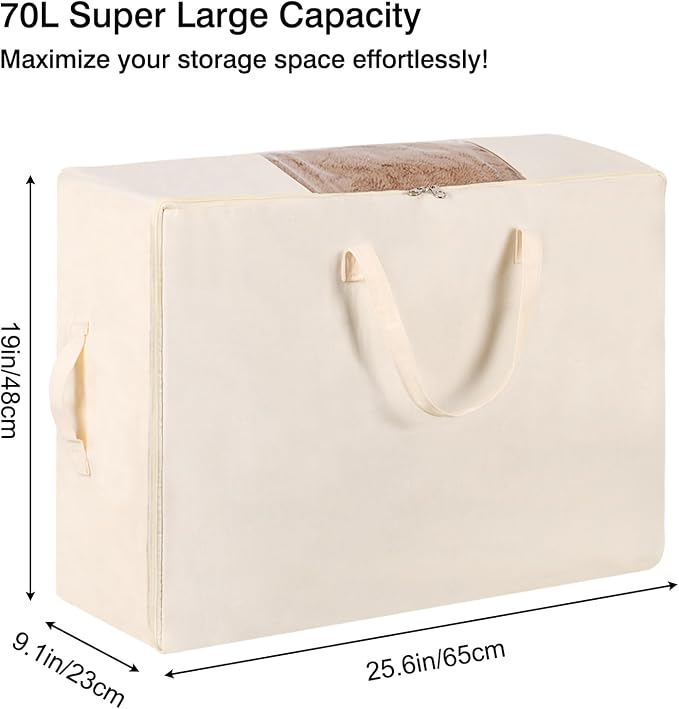 Blanket Storage Bags 70L Canvas Closet Organizers Clothes Container 2 Pack | Canvas Fabric, Reinforced Handles, Foldable Design, for Clothing Comforters Pillows and Toys, Dorm Bedroom and Closet Use