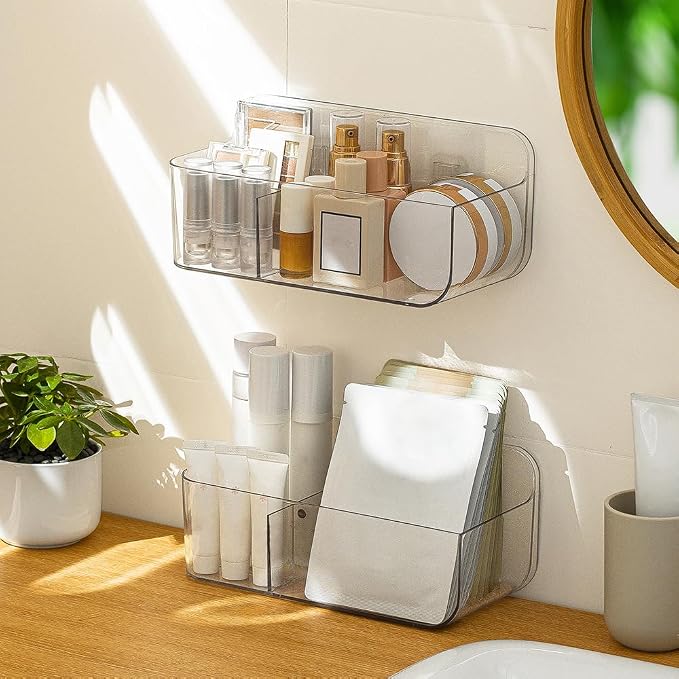 Poeland 2 Pack Wall Mount Storage Organizer, Clear Storage Box Holder Basket with 3 Compartments No Drilling Hang Walls/Doors for Kitchen, Cabinet, Bathroom, Bedroom, Office