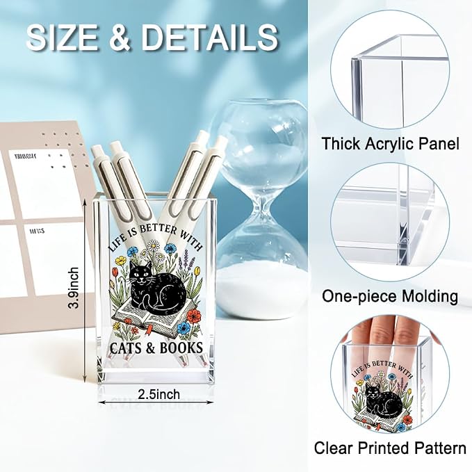Life Is Better With Cats & Books Acrylic Pencil Holder Cup for Women | Funny Floral Cat Books Desk Organizer for Book Lover Bookish Bookworm Reader, Pet Lover Gifts for Mom Sister BFF, Pencil Cup