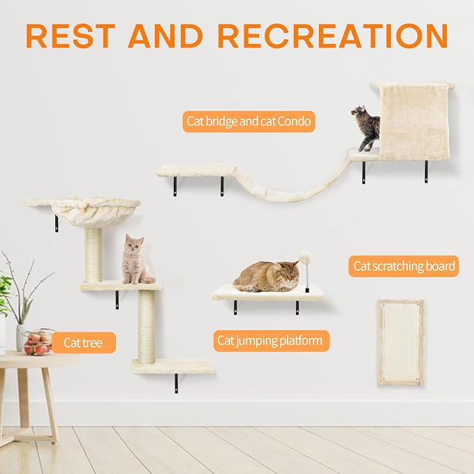 Cat Wall Shelves, Space-Saving Wall-Mounted Cat Climbing Set for Large Cats | Multi-Level Climbing System, Wall Furniture, Bed, Steps, Hammock, Wall Scratcher, Indoor Cat 40 lbs Small Place Corner Room