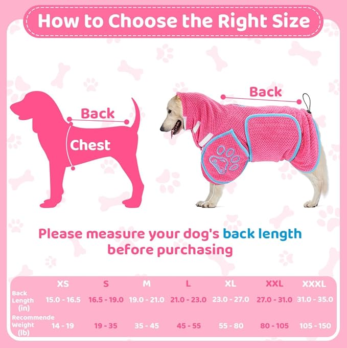 SlowTon Dog Bathrobe Drying Coat – Super Absorbent Microfiber Towel Wrap with Adjustable Collar & Belly Strap, Fast Drying Bath Robe for After Bath Swim, for Large, Medium, Small Dogs (Pink XL)