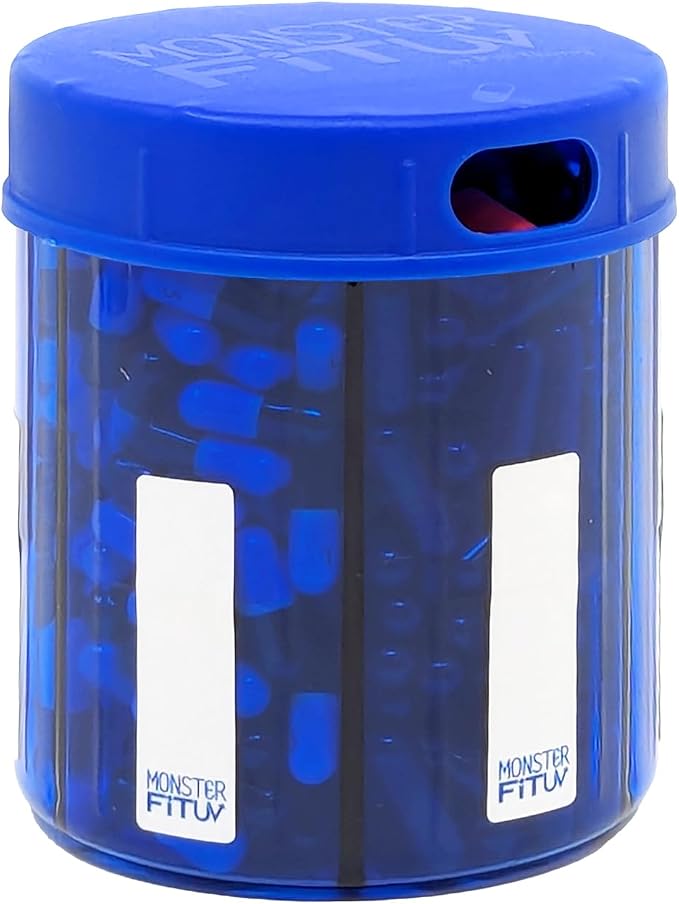 Supplement Pill Dispenser Bottle, 6 Compartment, Labels, Easy Open, Anti-Mixing, UV Protected, Monthly Vitamin, Monster Fit Jr Medication Holder (Cobalt Blue, Small)