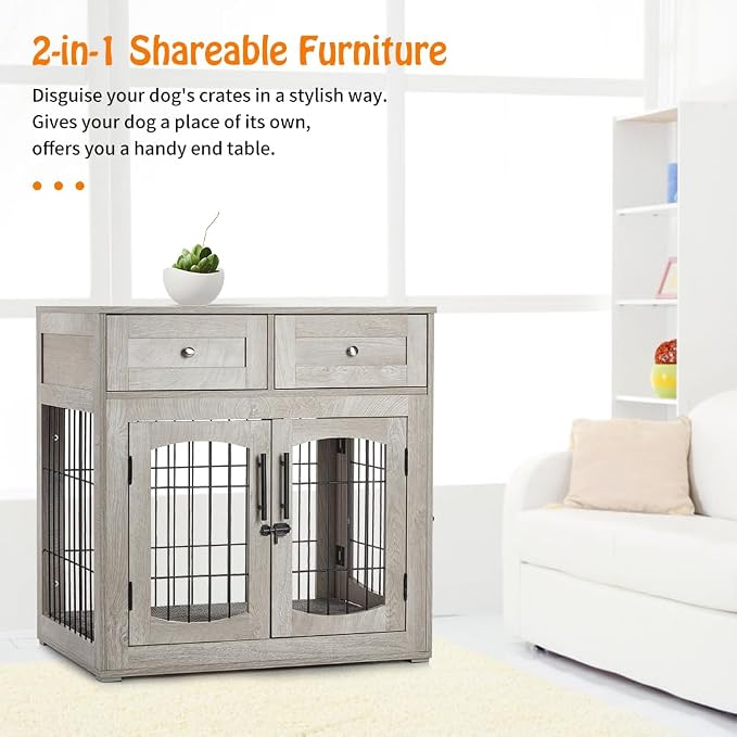 Dog Crate Furniture with Drawers,39.4" Wooden Dog Kennel for Medium/Large Dog,3 Doors Pet House with Cushion