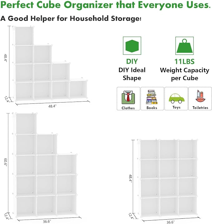 C&AHOME Cube Storage Organizer, 12-Cube Shelf Units, Closet Cabinet Milky | DIY Plastic Modular Bookshelf, Stackable Clothes Organizer Shelving Ideal for Home, Bedroom, 36.6" L x 12.4" W x 48.4" H