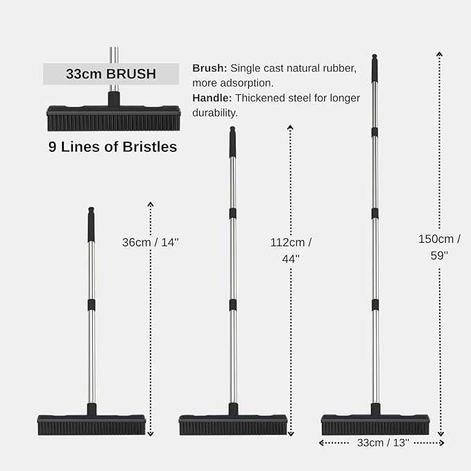 Carpet Rake Reusable Pet Hair Remover Rubber Broom with Squeegee for Pet Hair Removal Tool 59" Long Handle Cat and Dog Hair Remover for Area Rugs, Carpet, Hardwood Floor, Tile