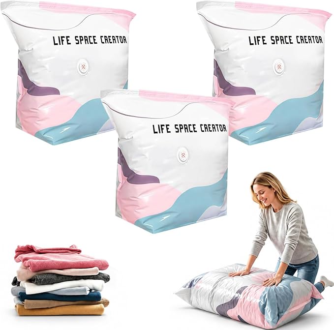 No Pump Vacuum Storage Bags,2026 New No Pump Large Vacuum Storage Compression Bags,Thick and Airtight Reusable Organizer Suitable for Clothes, Blankets, Bedding, Travel, and Closet Storage (3, Medium)