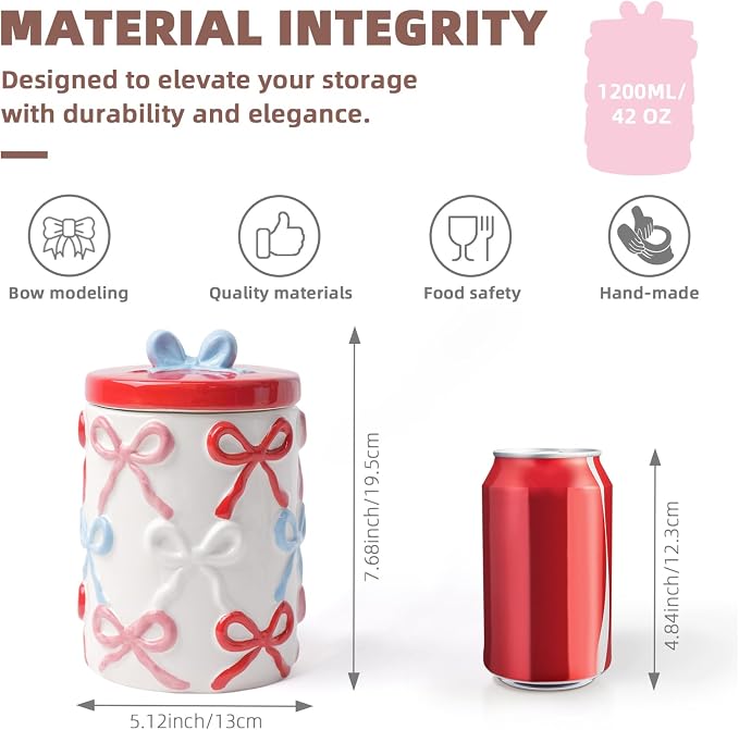 DIF DECO Cookie Jars with Lid Airtight, 42 OZ Large Ceramic Food Storage Containers, Red Bow Kitchen Canisters for Countertop, Suitable for Home Decor of Coffee, Sugar, Tea, Flour, Dog Treat (7.5 In)