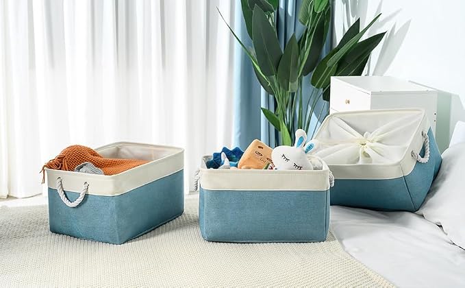 Storage Baskets for Organizing - Extra Large 3 Pack 17x14x10 inch Storage Bins for Shelves Closet Nursery Bathroom Bedroom Baby Clothes Dog Toy Home Organization (White & Green)