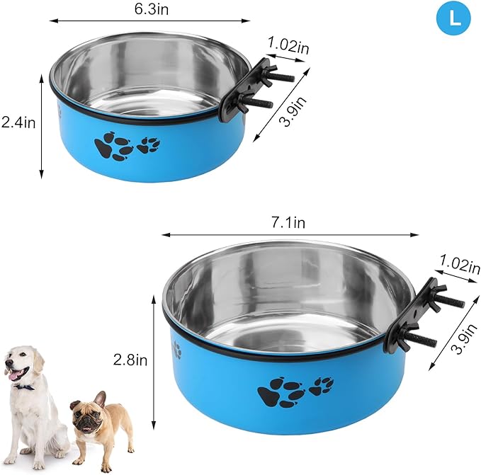Stainless Steel Dog Crate Bowls Hanging No Spill 2 PCS - Adjustable Mountable Kennel Bowls for Medium/Large Dogs, Anti Spill Water & Food Bowl Set (Blue, L(6.3"+7.1"))