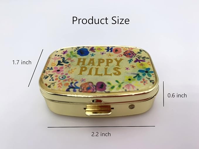 Happy Pills Pill Organizer Cute Metal Pill Case Travel Friendly Portable Compact Pill Box Pill Container to Hold Tylenol/Vitamins/Fish Oil/Supplements/Meds/Tablet for Purse/Pocket
