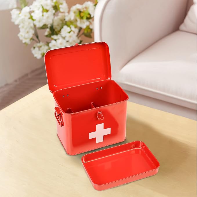 First Aid Kit, First Aid Medicine Supplies Bin - 2-Tier Metal Medicine Storage Tin, Samll First Aid Box with Removable Tray for Home & Workplace Emergency Tool Set - Red