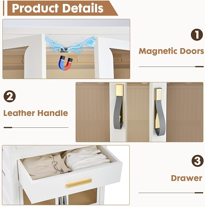 Portable Storage Closet Cabinet, Easy Assembly Wardrobe Organizer with Visualization Doors, Drawers, Hanging Rods, Rolling Wheels for Pet Dog Clothes, Toys