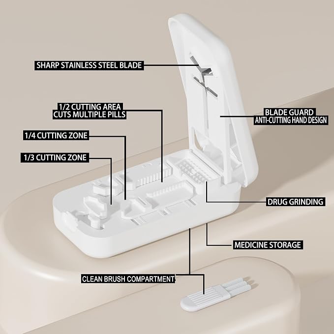 Precision Pill Cutter with Centering Guide - Multi-Angle Tablet Splitter for 1/2, 1/3 & 1/4 Cuts, Includes Pill Crusher & Storage Compartment (White)