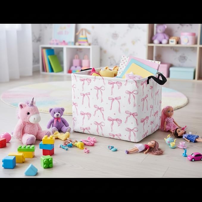 Rectangular Baby Kids Storage Basket for Home Kitchen Girls Cute Toy Storage Bin Organizer Shelf Book Room Decor(Dot Bowknot)