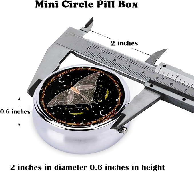Pill Box, Small Pill Organizer with 3 Compartments and Mirror, Cute Round Portable Travel Metal Pill Case for Pocket or Purse, Privacy-Protecting Medicine Box-Blackmoth