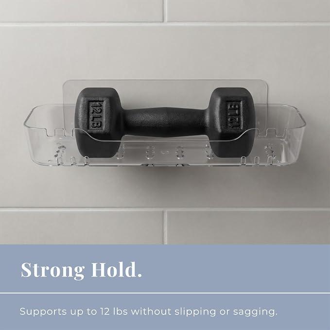 Acrylic Shower Shelf, Clear, 12.2" x 3.54" x 1.77" | Adhesive, No-Drill, Bathroom Wall Shelf, Slim Organizer, Fast Drainage for Shower & Sink Toiletries