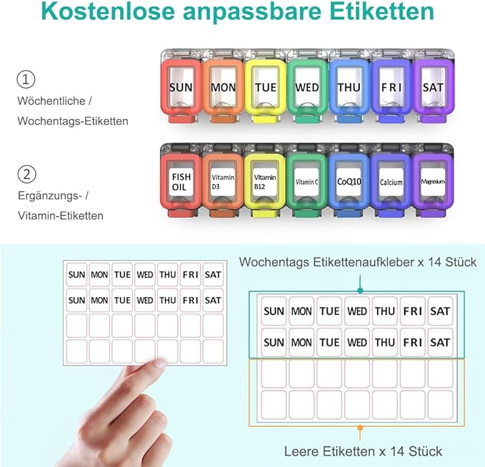 Fullicon Moisture Proof Pill Organizer 7 Day, Pill Box, Rainbow Clear | Each Compartment Holds Up to 40 Small or 15 Large Capsules, 10 Tablets, or 9 Fish Oils, Spill Proof, Color Coded, BPA Free