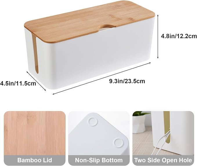 Cable Management Box Wire Organizer for Power Strip Hiding | Bamboo Lid,Large Dual-side Opening Design,Kid & Pet Friendly,for Office,Desks, TV Areas,Floor Corners,White