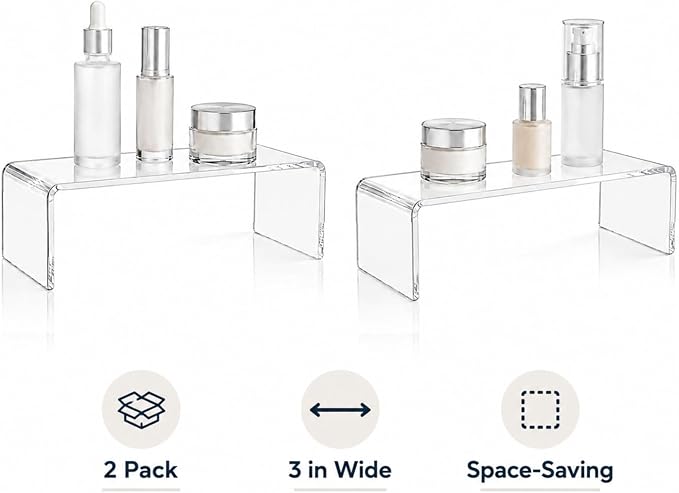 2 Pack Acrylic Medicine Cabinet Organizer Clear Shelves 2 Small | Includes 2 Small 11.4 x 3 x 3.7 Inch Bathroom Shelves with 2 Non Slip Pads for Vanity RV and Cabinet Storage