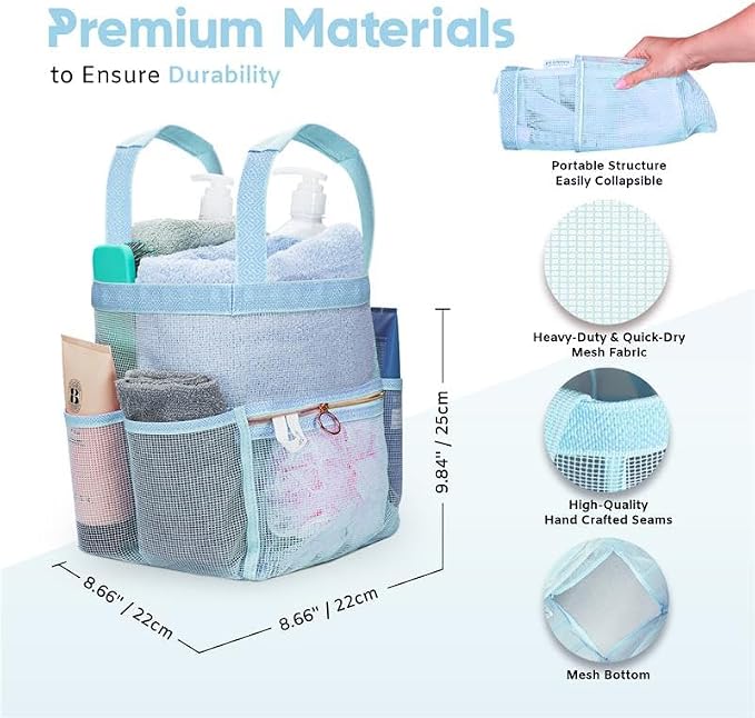 Mesh Shower Caddy Dorm, 7 Pockets & 1 with Zipper, Shower Tote with Padded Handles, Travel Portable, Shower Caddy College Room Essentials, Bathroom Shower Bag (Blue)