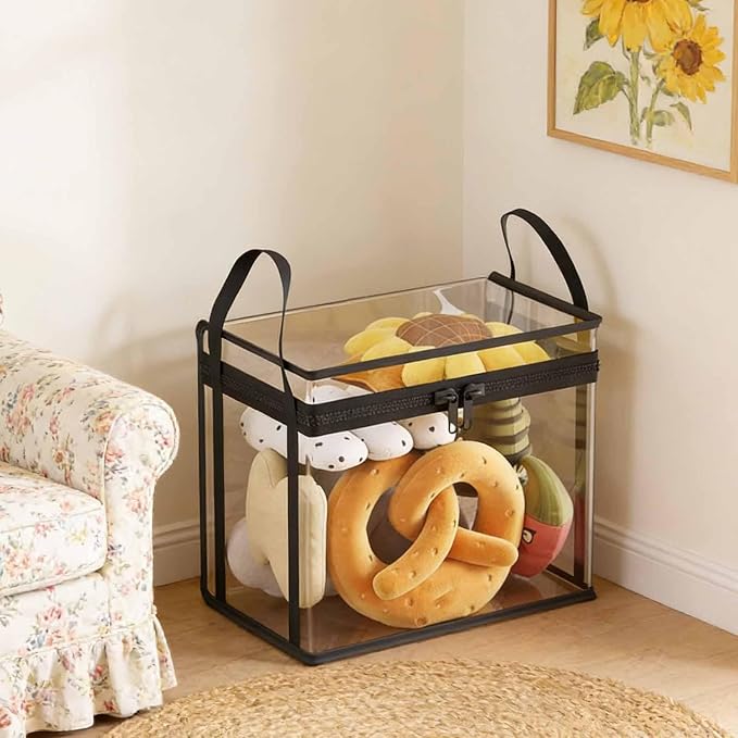 Stuffed Animal Storage PVC Organizer Bag Doll Storage Container Dustproof Box with Carrying Handle for Playroom Living Room Children's Birth, Black