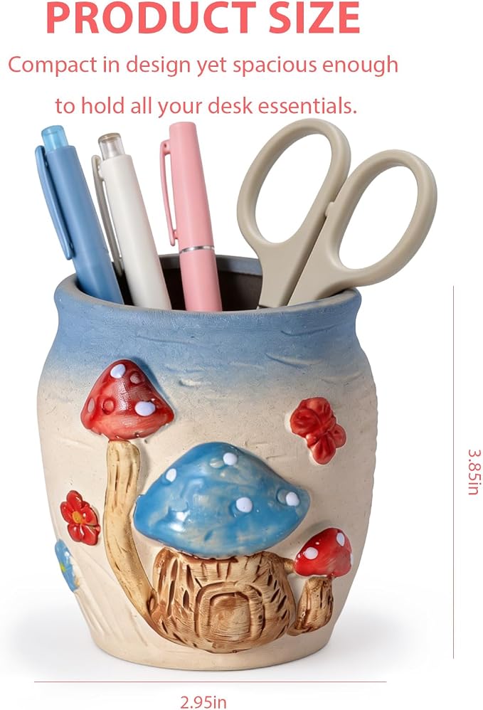 Ceramic Mushroom Shaped Pen Pencil Holder for Desk Decoration Accessories Mushroomb Decor Makeup Brush Pen Cups Office School Ideal Gifts for Women, Mom or Birthdays