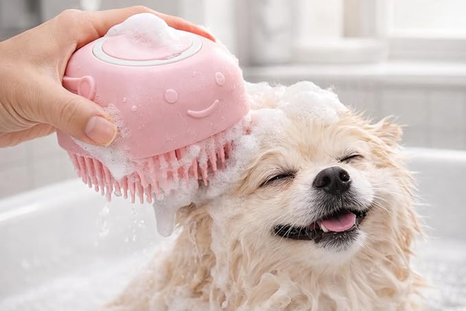 Dog Bath Brush with Shampoo Dispenser – Soft Silicone Pet Massage Scrubber for Short & Long Haired Dogs & Cats – Shedding & Grooming Brush for Deep Cleaning – Stress-Free Pet Bathing Supplies (Pink)