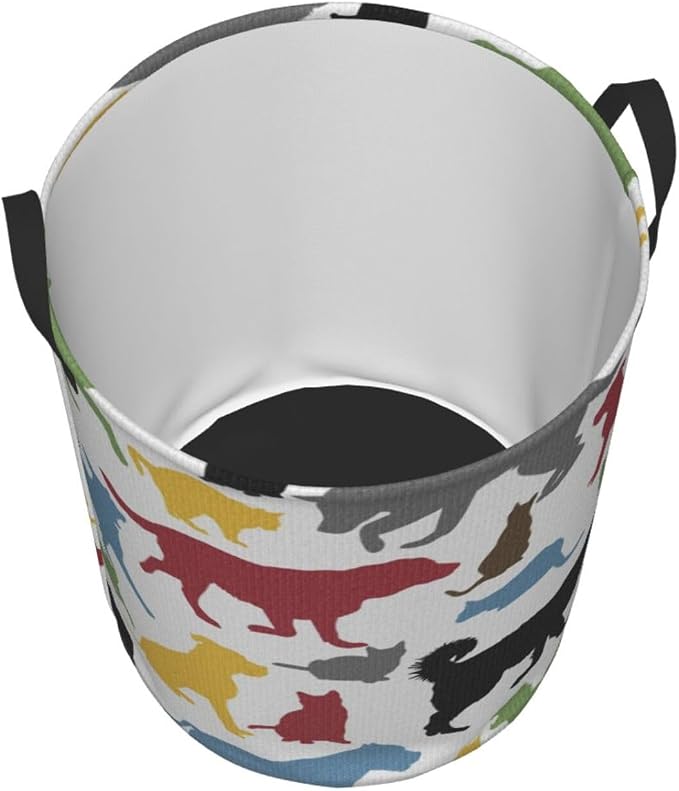Cats And Dogs Animal Silhouettes Domestic Pets Cartoon Portable Round Hamper For Bedroom Bathroom