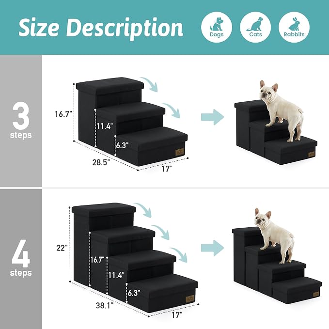 Dog Stairs with Storage, 3-Step Wider Sturdy Dog Steps for Small/Medium/Large Dogs and Older Cats, Folding Doggie Ramp for Bed/Couch/Car Hold Up to 180 lbs (16.7" H, Black)