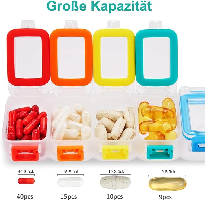 Fullicon Moisture Proof Pill Organizer 7 Day, Pill Box, Rainbow Clear | Each Compartment Holds Up to 40 Small or 15 Large Capsules, 10 Tablets, or 9 Fish Oils, Spill Proof, Color Coded, BPA Free