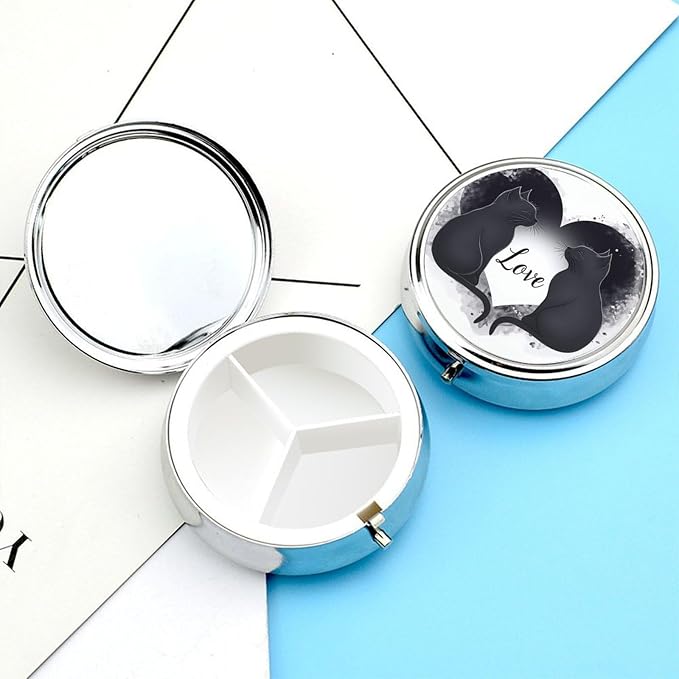 Loving Cats Metal Round Pill Box, 3 Compartment Travel Organizer, Portable Pill Container with Secure Latch, 2 Inch Circular Vitamin Caddy for Pills and Vitamins, Gift for Him Her Elderly