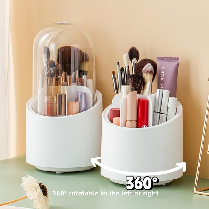 Fantasee 360° Rotating Makeup Brush Organizer, 7-Compartment Storage with Transparent Dustproof Cover, Cosmetic Tools Storage Holder for Bathroom Vanity Countertop (Classic White, Cylindrical)