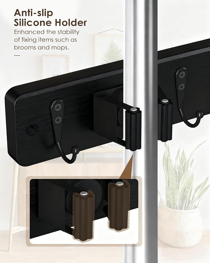 AceMining Black Broom Holder Wall Mount, 4 Holders 4 Hooks Mop Holder | Mop Holder Wall Mount and Broom Hanger for Garage, Laundry Room, Kitchen and Utility Storage