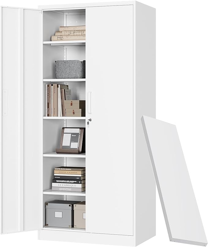 Metal Storage Cabinet with Lock Door Adjustable Shelf,72" Steel Lockers for Office, Home,School,Kitchen,Garage Tool Utility Cabinet (2 Door-White)