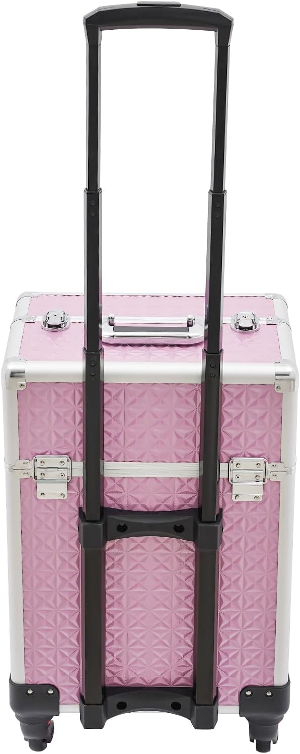 Professional Rolling Makeup Train Case with Lock, 7 Compartments 44lbs Capacity Rolling Nail Case Adjustable Organizer for Makeup Artists, Hairstylists, Pet Groomers (Pink)