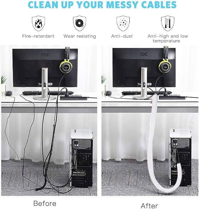 AGPTEK Cable Sleeve, 6.6ft - 2/3 inch Cable Management Cord Hider, White | Desk Cord Cover Organizer Wire Hider for Office Computer TV Wire Loom Tubing Pet-Proof Cord Protector from Cat Dog Chewing