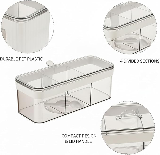 Fits Kitchen Countertops: 4-Section Spice Organizer, Durable PET Plastic Seasoning Caddy for Salt, Pepper, and Dry Herbs, Compact 13-Inch Storage Box