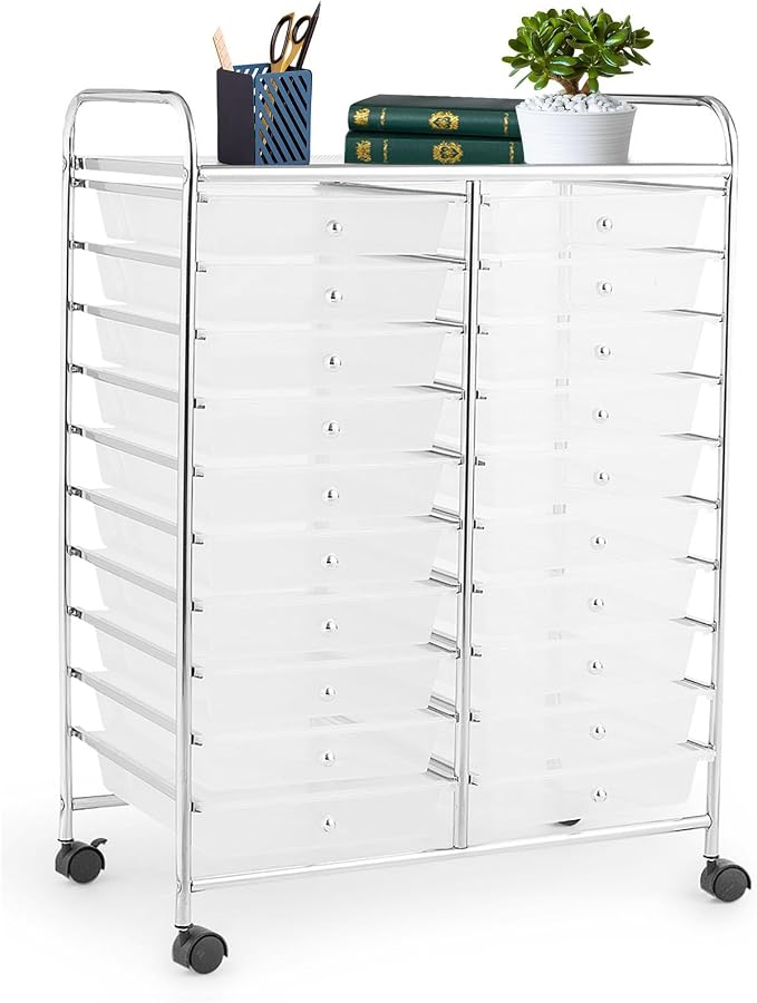 20 Drawer Rolling Storage Cart, Art Cart Organizer with Wheels for Makeup, Tool, Paper, Multipurpose Craft Storage Cart with Drawers for Office, Home, Classroom, Teacher, School (Clear)