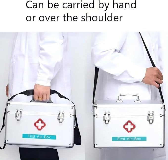 Metal First Aid Box Empty Aluminum Medicine Box Lock with Keys, 12.2 * 7.08 * 7.08” Medium Size Container with Handle, First Aid Kit Box Organizer, Silver